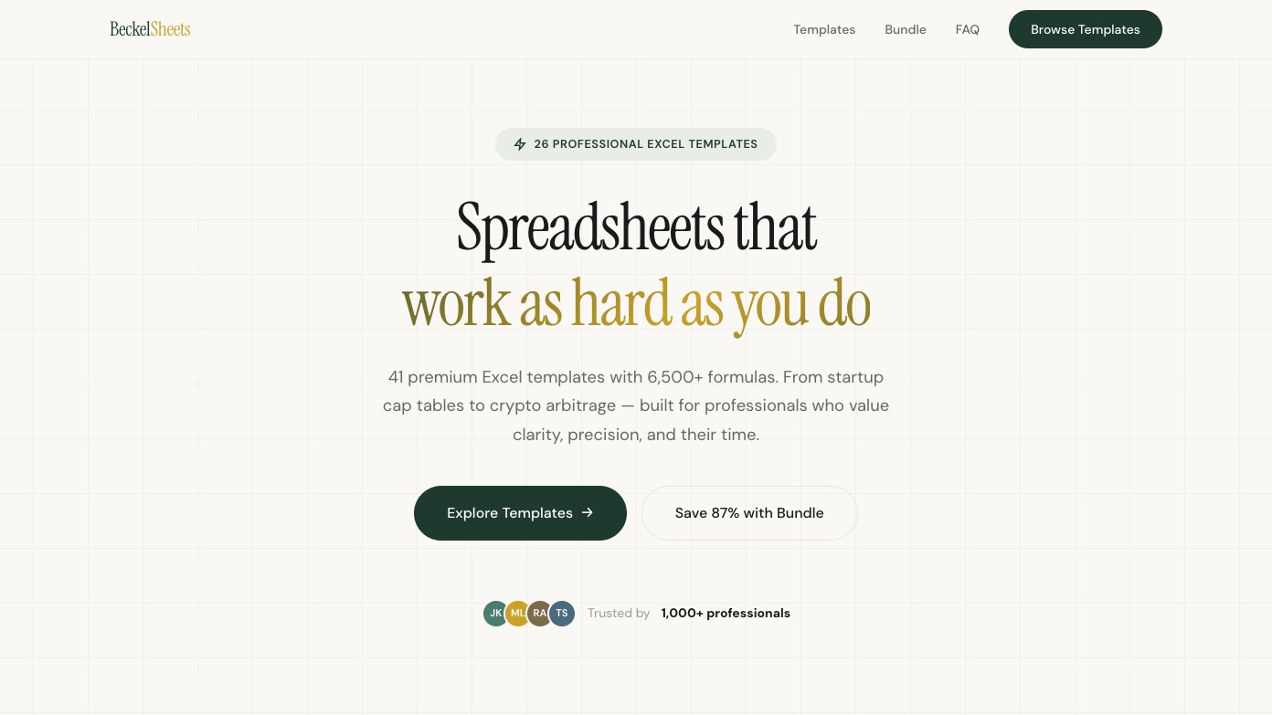Beckel Spreadsheets live site, top of the desktop home page